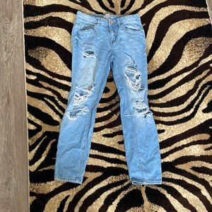 REFUGE size 0, relaxed and extreme distressed/torn jeans.